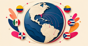 Marketing multicultural en Florida representado con un globo terráqueo, Florida destacada y banderas latinoamericanas