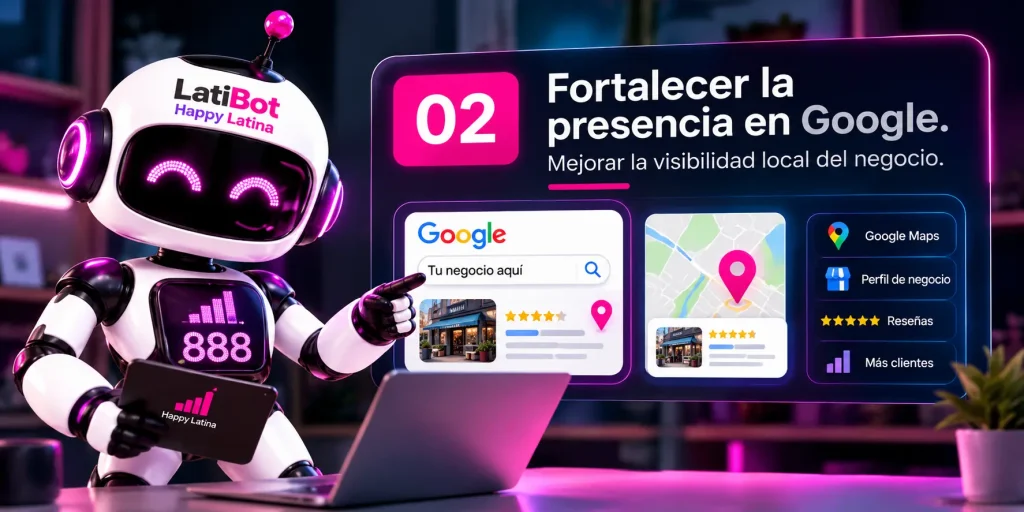 LatiBot de Happy Latina analizando la presencia de un negocio en Google para fortalecer su visibilidad local mediante Google Maps, perfil de negocio y reseñas.