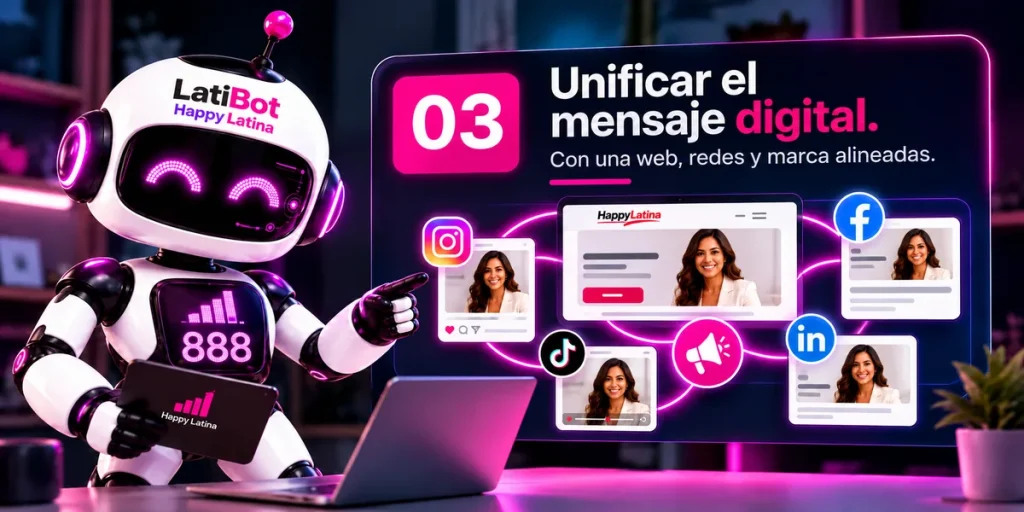 LatiBot de Happy Latina mostrando cómo unificar el mensaje digital de un negocio entre página web, redes sociales y marca durante un diagnóstico digital.