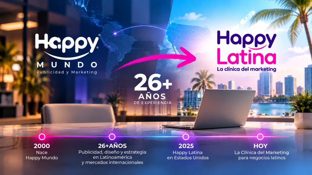 Happy Mundo y Happy Latina con más de 26 años de experiencia en marketing, publicidad y estrategia digital para negocios latinos