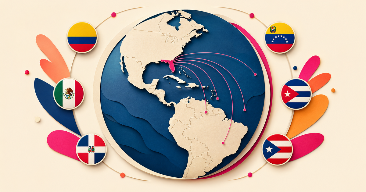 Marketing multicultural en Florida representado con un globo terráqueo, Florida destacada y banderas latinoamericanas