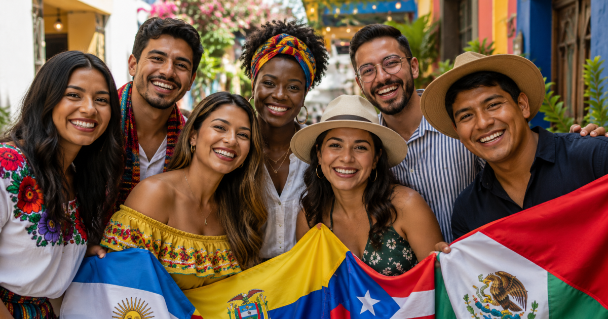 Conexión con el mercado latino representada por personas de diversos países y culturas latinoamericanas sonriendo y compartiendo en comunidad